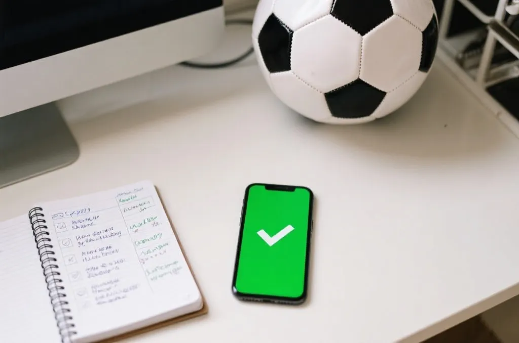 An organized desktop with a soccer ball, a notebook containing match planning notes, and a generic smartphone showing a green checkmark